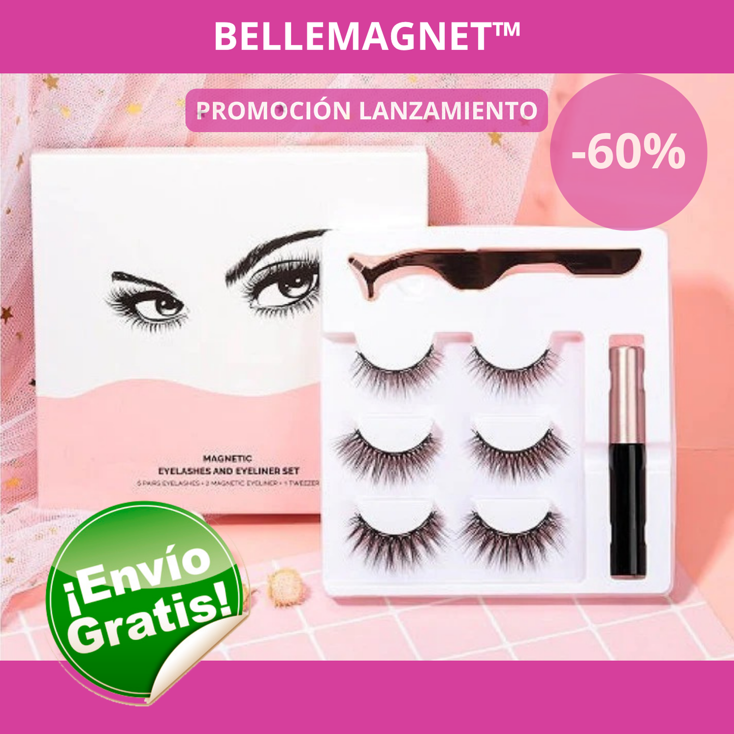 BelleMagnet™ Kit Pestañas Magnéticas Reutilizables x3 + Delineador+ Aplicador